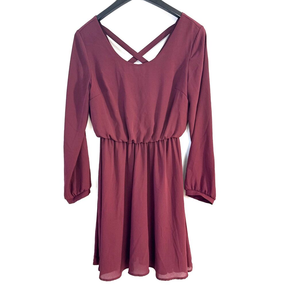 Lush 3/4 Sleeve Short, Cocktail, Evening, Spring Dress Maroon - S